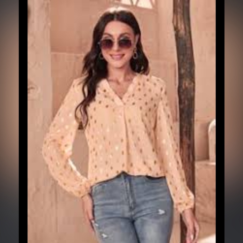 Elegant Polka Dot Notched V Neck Long Sleeve Tunic Dress Blouse modest layer - Picture 14 of 15